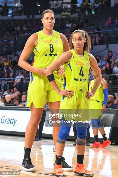 Dallas players Liz Cambage and Skylar Diggins-Smith line up prior to an inbounds pass during the WNBA game between Atlanta and Dallas on May 26, 2018...