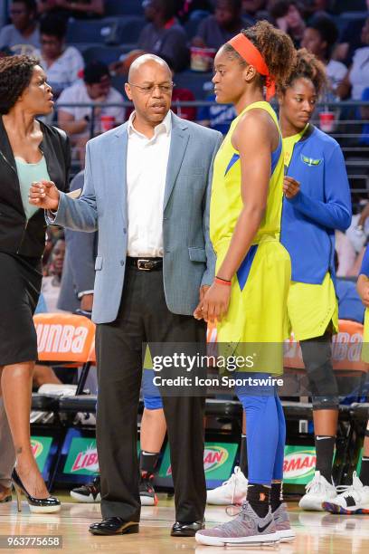 Dallas head coach Fred Williams discusses things with his players during the WNBA game between Atlanta and Dallas on May 26, 2018 at Hank McCamish...