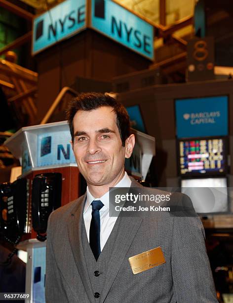 Actor Ty Burrell rings the opening bell at the New York Stock Exchange on February 3, 2010 in New York City.