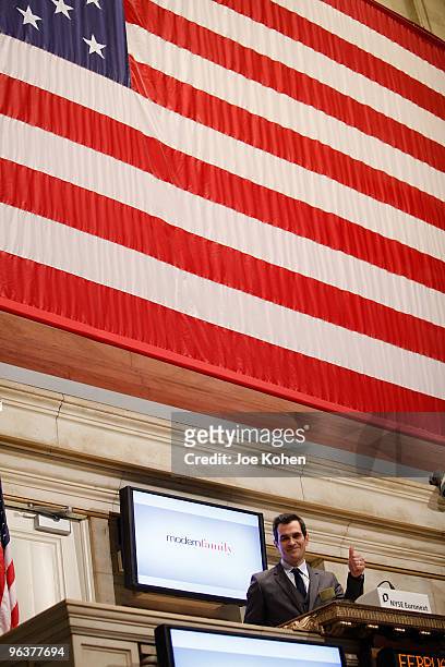 Actor Ty Burrell rings the opening bell at the New York Stock Exchange on February 3, 2010 in New York City.