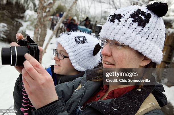 Amanda Parson and Deanna Williston don homemade panda bear knit hats while saying goodbye to giant panda bear Tai Shan at the Smithsonian National...