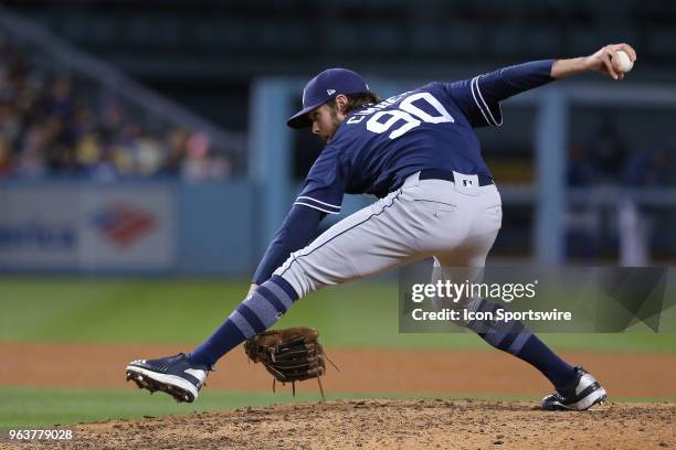 San Diego Padres relief pitcher Adam Cimber shows his unusual pitching delivery while pitching in relief for the Padres in the game between the San...