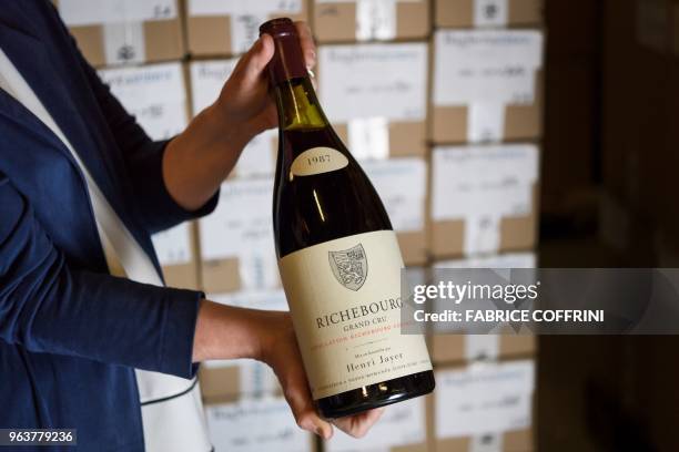 Picture taken on April 27, 2018 in Geneva shows a magnum of Richebourg grand cru wine by late famous French winemaker Henri Jayer. - The final...