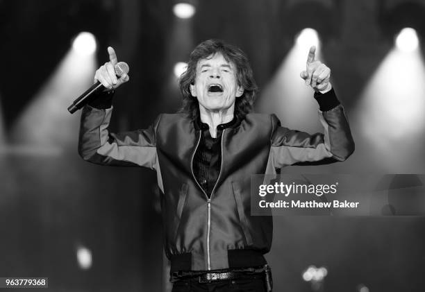 Mick Jagger of the Rolling Stones performs live on stage at St Mary's Stadium on May 29, 2018 in Southampton, England.