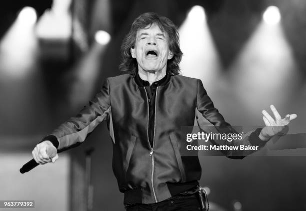 Mick Jagger of the Rolling Stones performs live on stage at St Mary's Stadium on May 29, 2018 in Southampton, England.