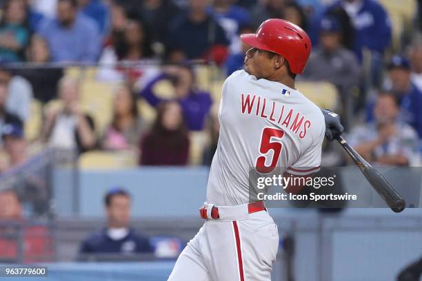 Philadelphia Phillies right fielder Nick Williams watches his solo homer leave the park in the game between the Philadelphia Phillies and the Los...