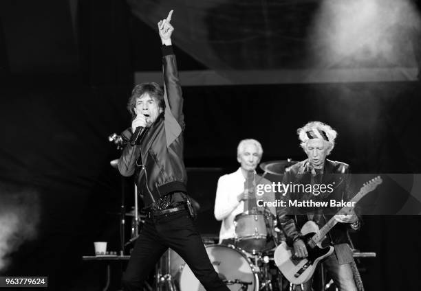 Mick Jagger, Charlie Watts and Keith Richards of the Rolling Stones perform live on stage at St Mary's Stadium on May 29, 2018 in Southampton,...