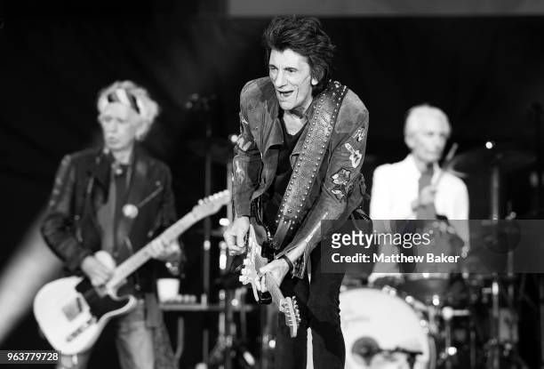Keith Richards, Ronnie Wood and Charlie Watts of the Rolling Stones perform live on stage at St Mary's Stadium on May 29, 2018 in Southampton,...