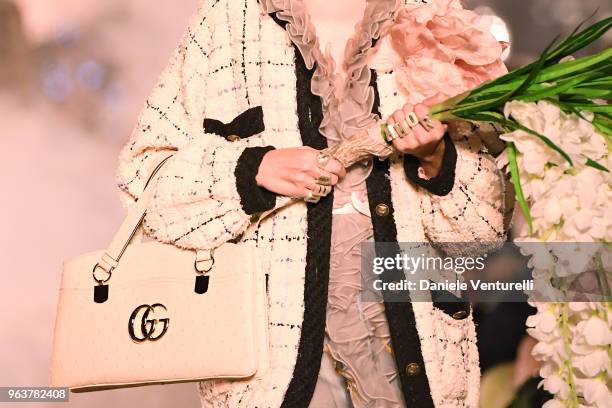 Model, fashion detail, walks the runway at the Gucci Cruise 2019 show at Alyscamps on May 30, 2018 in Arles, France.