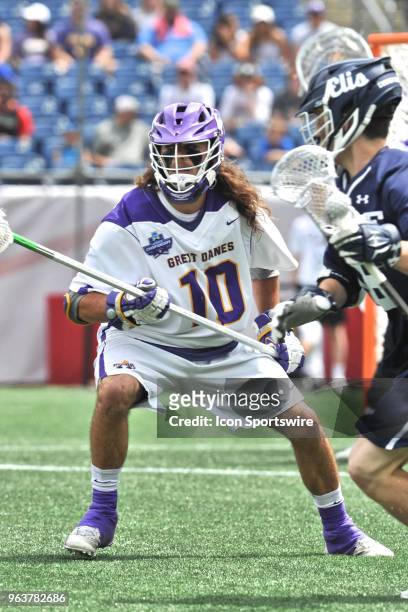 Albany Troy Reh plays some tough defense. During the Albany Great Danes game against the Yale Bulldogs at Gillette Stadium on May 26, 2018 in...