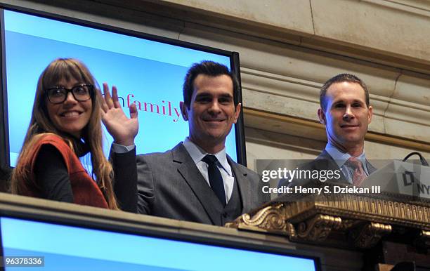 Holly Burrell, Actor Ty Burrell and Executive Vice President of global corporate client group of NYSE Scott R. Cutler ring the opening bell at the...