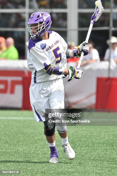 Albany Connor Fields looks for a teammate to receive the pass. During the Albany Great Danes game against the Yale Bulldogs at Gillette Stadium on...