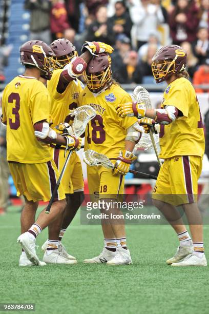 Salisbury midfielder Corey Gwin gets congratulations for his goal. During the Salisbury Sea Gulls game against Wesleyan Cardinals at Gillette Stadium...