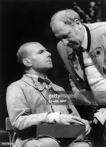 Picture taken on March 1, 1968 in Paris, shows French actor and theater director Georges Wilson with French actor Jacques Dufilho performing in...