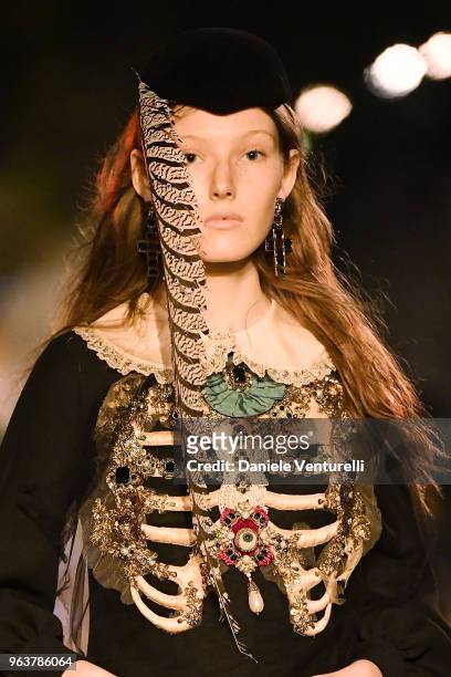 Model, fashion detail, walks the runway at the Gucci Cruise 2019 show at Alyscamps on May 30, 2018 in Arles, France.