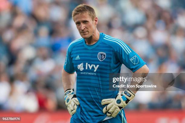 Sporting Kansas City goalkeeper Tim Melia takes a breather during the MLS regular season match between Sporting Kansas City and the Columbus Crew on...