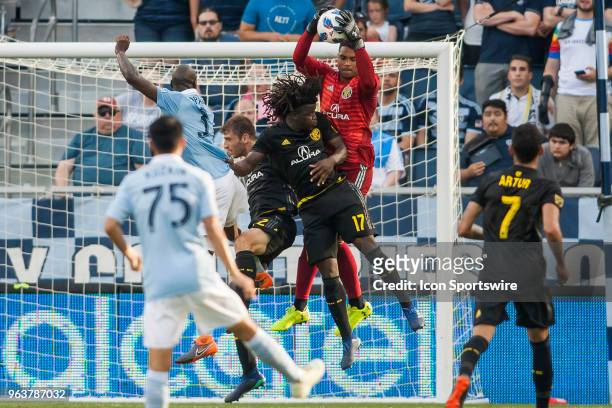 Columbus Crew goalkeeper Zack Steffen leaps to grab the ball out of the air during the MLS regular season match between Sporting Kansas City and the...
