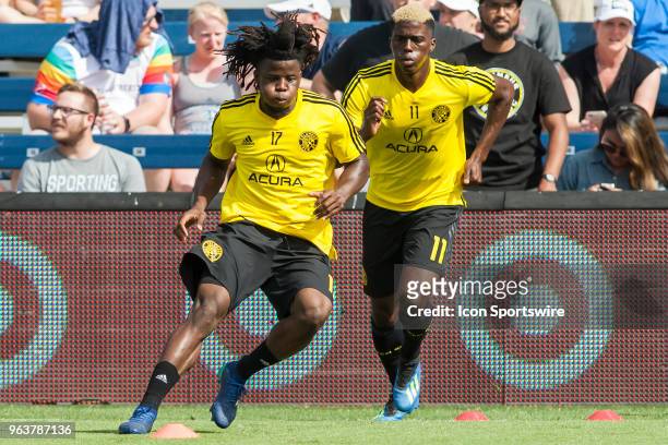 Columbus Crew defender Lalas Abubakar and Columbus Crew forward Gyasi Zerdes during warmups before the MLS regular season match between Sporting...