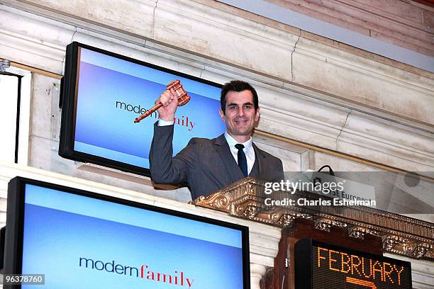 Actor Ty Burrell rings the opening bell at the New York Stock Exchange on February 3, 2010 in New York City.