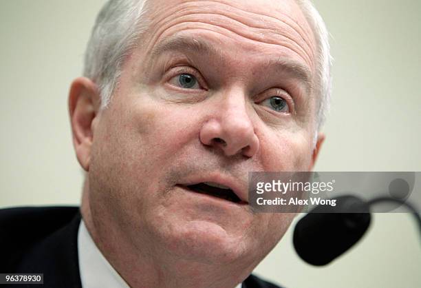 Secretary of Defense Robert Gates testifies during a hearing before the House Armed Services Committee February 3, 2010 on Capitol Hill in...