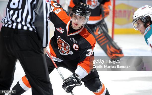 Wacey Hamilton of the Medicine Hat Tigers faces off against the Kelowna Rockets at Prospera Place on January 30, 2010 in Kelowna, Canada.