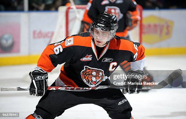 Wacey Hamilton of the Medicine Hat Tigers faces off against the Kelowna Rockets at Prospera Place on January 30, 2010 in Kelowna, Canada.