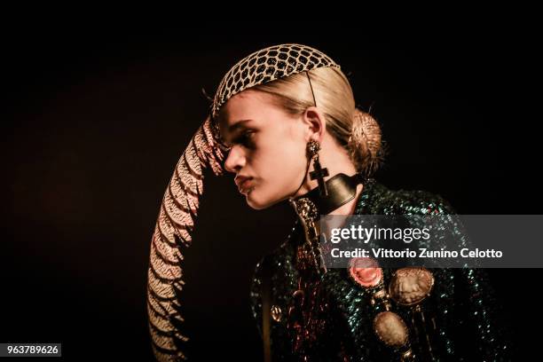 Model walks the runway at the Gucci Cruise 2019 show at Alyscamps on May 30, 2018 in Arles, France.