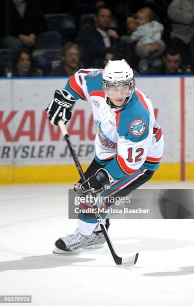 Codey Ito of the Kelowna Rockets skates against the Medicine Hat Tigers at Prospera Place on January 30, 2010 in Kelowna, Canada.