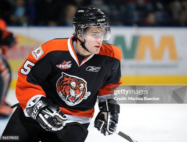 Linden Vey of the Medicine Hat Tigers skates against the Kelowna Rockets at Prospera Place on January 30, 2010 in Kelowna, Canada.