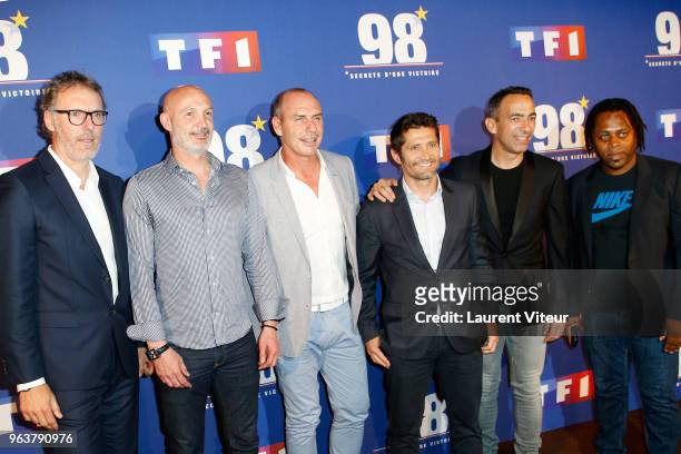 Laurent Blanc, Franck Leboeuf, Alain Boghossian, Bixente Lizarazu, Youri Djorkaeff and Bernard Diomede attend "98-Secret d'une Victoire" Paris...