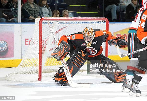 Tyler Bunz of the Medicine Hat Tigers defends the net against the Kelowna Rockets at Prospera Place on January 30, 2010 in Kelowna, Canada.
