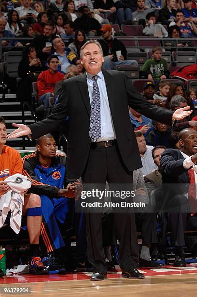 Head coach Mike D'Antoni of the New York Knicks reacts during the game against the Detroit Pistons on January 16, 2010 at The Palace of Auburn Hills...