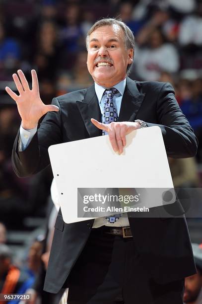 Head coach Mike D'Antoni of the New York Knicks reacts during the game against the Detroit Pistons on January 16, 2010 at The Palace of Auburn Hills...