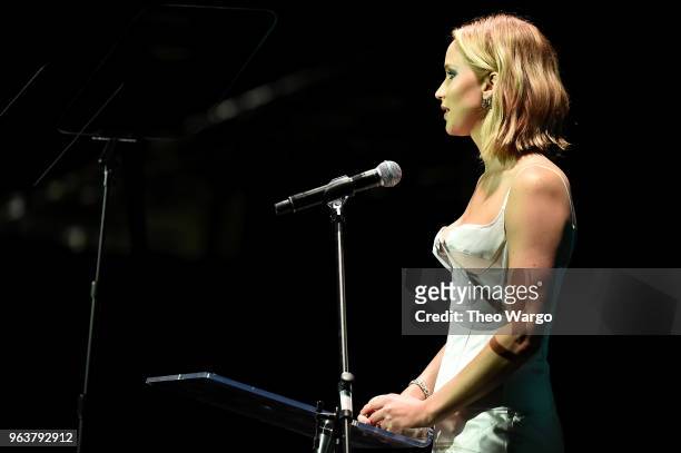 Jennifer Lawrence speaks onstage during the BAM Gala 2018 honoring Darren Aronofsky, Jeremy Irons, and Nora Ann Wallace at Brooklyn Cruise Terminal...