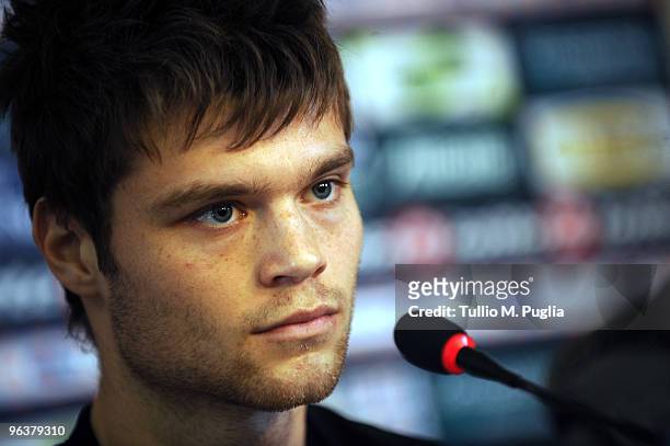 New Palermo signing Odrej Celustka answers questions during a press conference at Tenente Carmelo Onorato Sports Center on February 3, 2010 in...