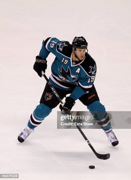 Joe Thornton of the San Jose Sharks in action during their game against the Buffalo Sabres at HP Pavilion on January 23, 2010 in San Jose, California.