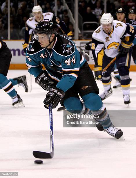 Marc-Edouard Vlasic of the San Jose Sharks in action during their game against the Buffalo Sabres at HP Pavilion on January 23, 2010 in San Jose,...