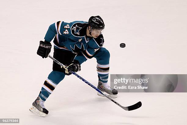 Marc-Edouard Vlasic of the San Jose Sharks in action during their game against the Buffalo Sabres at HP Pavilion on January 23, 2010 in San Jose,...