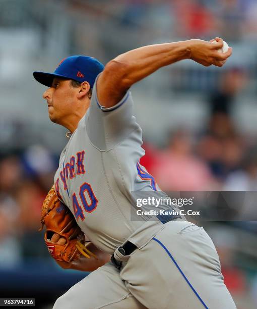 Jason Vargas of the New York Mets pitches in the first inning against the Atlanta Braves at SunTrust Park on May 30, 2018 in Atlanta, Georgia.