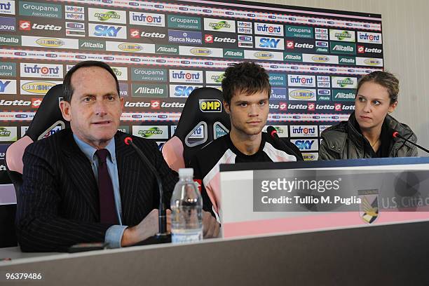 Vice -president Guglielmo Micciche answers questions as new Palermo signing Odrej Celustka looks on during a press conference at Tenente Carmelo...