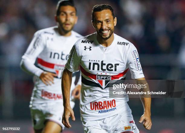 Nene of Sao Paulo celebrates after scoring their first goal during the match against Botafogo for the Brasileirao Series A 2018 at Morumbi Stadium on...