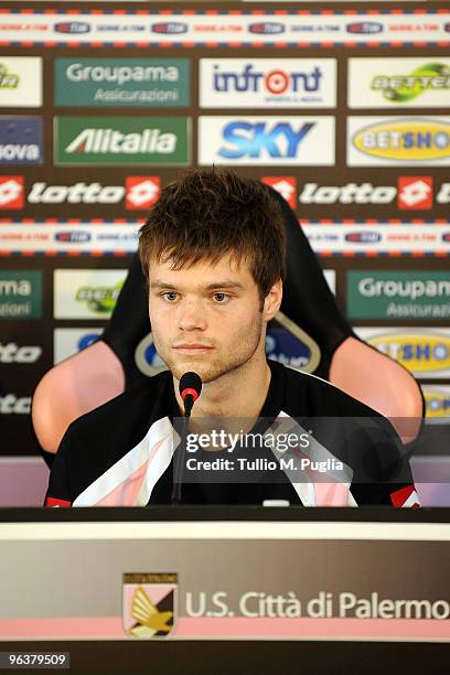 New Palermo signing Odrej Celustka answers questions during a press conference at Tenente Carmelo Onorato Sports Center on February 3, 2010 in...