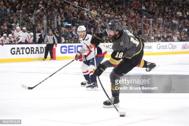 James Neal of the Vegas Golden Knights scores a first-period goal against the Washington Capitals in Game Two of the 2018 NHL Stanley Cup Final at...