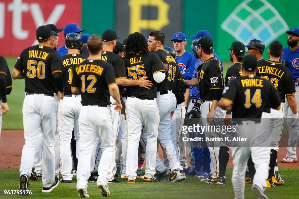 The benches clear in the third inning after Javier Baez of the Chicago Cubs and Joe Musgrove of the Pittsburgh Pirates have words at PNC Park on May...