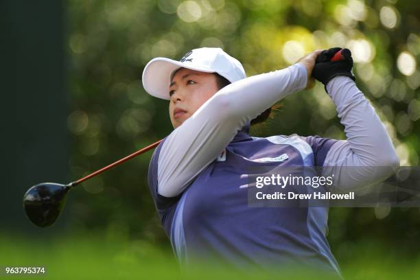 Shanshan Feng of China plays a her tee shot on the 14th hole during a practice round prior to the 2018 U.S. Women's Open at Shoal Creek on May 30,...