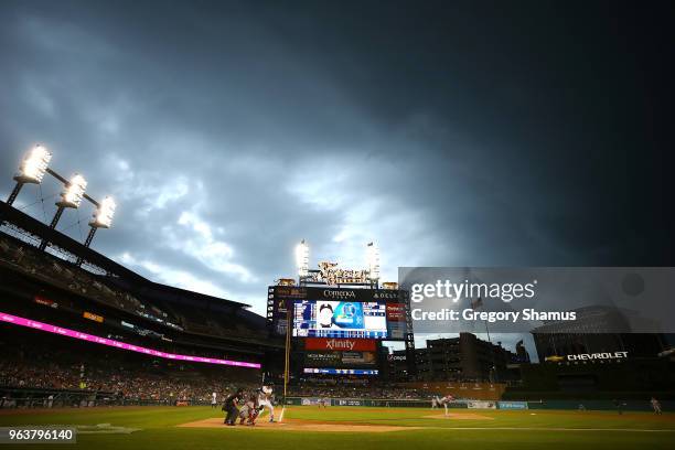 Shohei Ohtani of the Los Angeles Angels throws a fourth inning pitch to JaCoby Jones of the Detroit Tigers at Comerica Park on May 30, 2018 in...