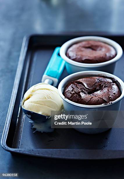 chocolate self saucing puddings with ice cream - martin poole stock pictures, royalty-free photos & images