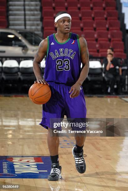 Maurice Baker of the Dakota Wizards moves the ball up court during the D-League game against the Reno Bighorns on January 4, 2010 at Qwest Arena in...