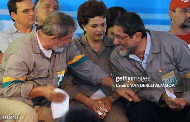 Brazilian President, Luiz Inacio Lula da Silva , chief-of-staff, Dilma Rousseff and Petrobras president, Sergio Gabrielle, speak during the...