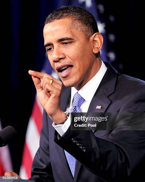 President Barack Obama delivers remarks and takes questions from the Senate Democratic Policy Committee at the Newseum February 3, 2010 in...